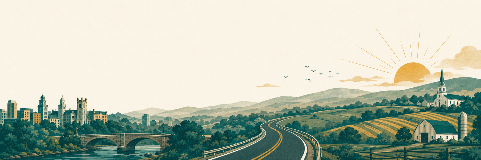 Illustration of Connecticut Route 195 winding past the Willimantic bridge, UConn's Storrs campus, farms, and a village church at sunrise